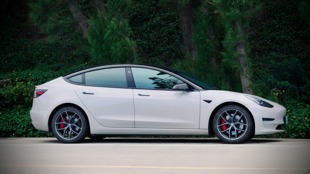 Sølv Tesla elbil parkeret foran en grøn skovbaggrund