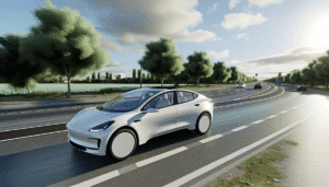 Tesla elbil kører på en solrig landevej omgivet af grønne træer