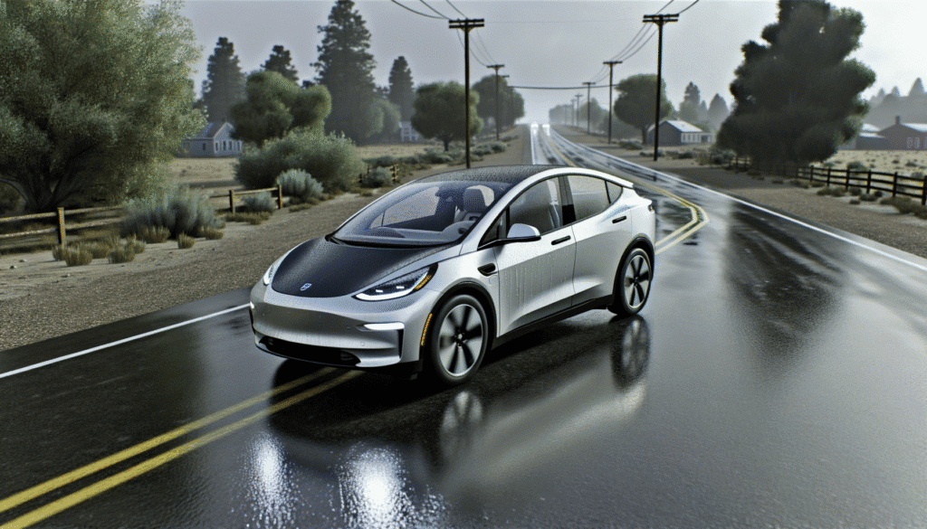 Tesla elbil på en regnvåd landevej med frodig natur i baggrunden