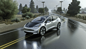 Tesla elbil på en regnvåd landevej med frodig natur i baggrunden