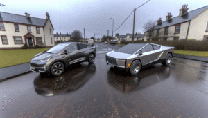 To moderne elektriske biler parkeret på en våd gade i et boligområde
