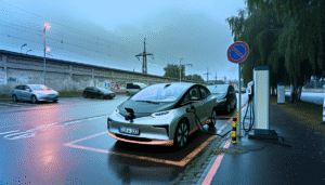Elbil oplader ved ladestation på en regnfuld dag