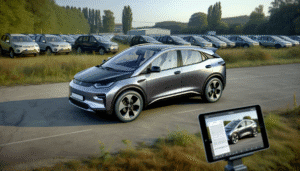 Elektrisk bil på en parkeringsplads med en tablet i forgrunden