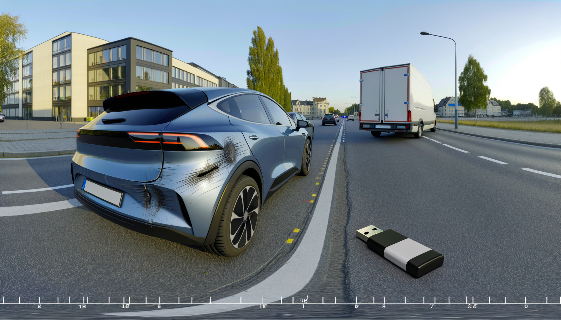 Elektrisk bil med skramme på siden og USB-drev på vejen i bymiljø.