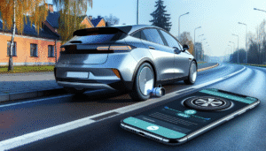 Elektrisk bil parkeret på vej med smartphone der viser batteriniveau