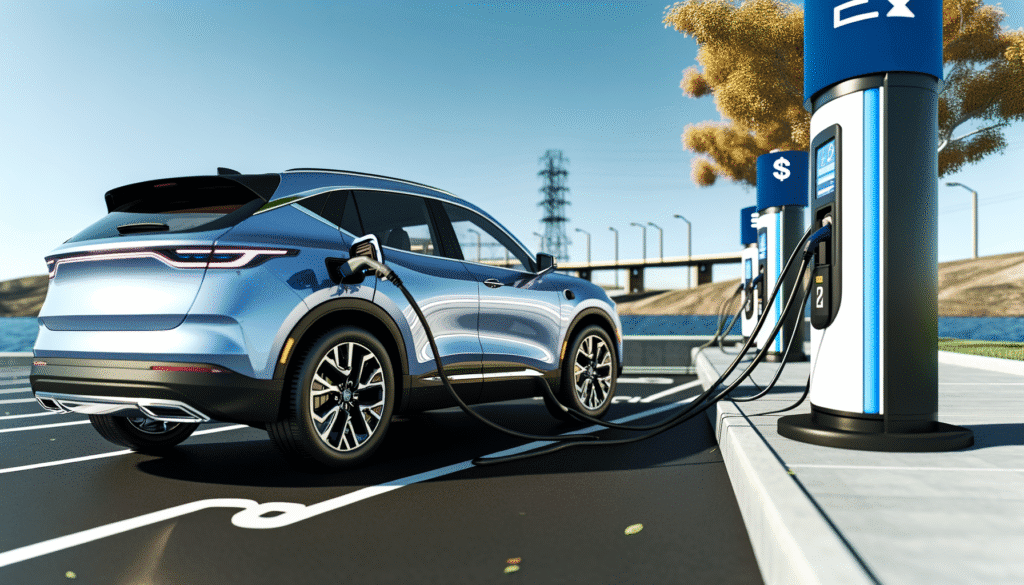 Elektrisk bil oplader ved en moderne ladestation med blå ladesøjler i solskinsvejr.