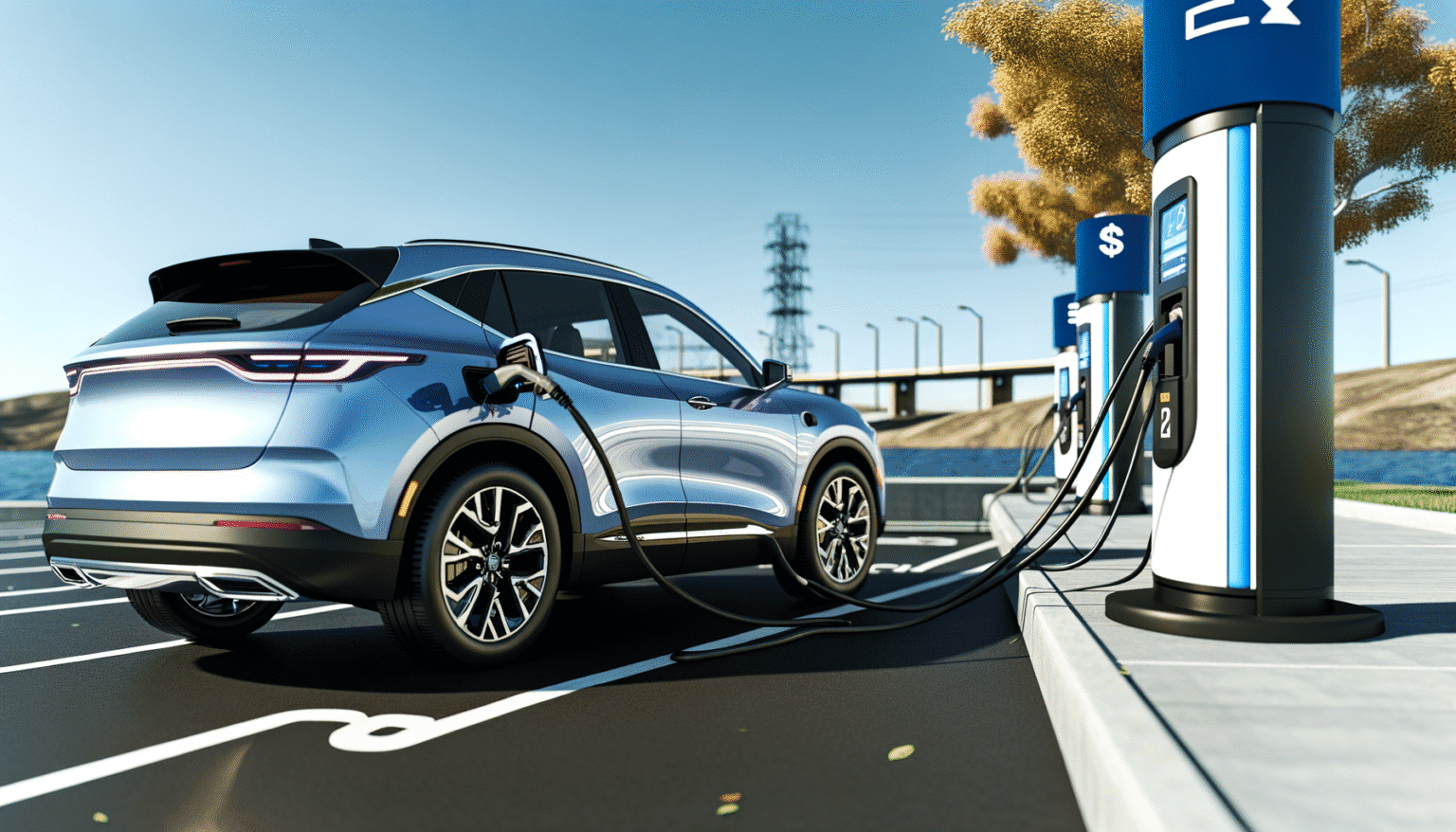 Elektrisk bil oplader ved en moderne ladestation med blå ladesøjler i solskinsvejr.