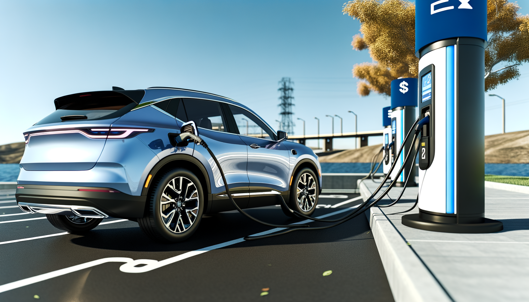 Elektrisk bil oplader ved en moderne ladestation med blå ladesøjler i solskinsvejr.