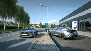 To moderne elbiler parkeret ved en ladestation foran et elegant kontorbyggeri.
