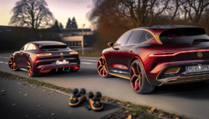 To futuristiske elbiler parkeret side om side på en stille vej under skumringen med dekorative fælge og aerodynamisk design.