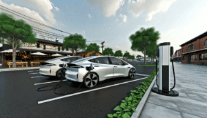 Elektriske biler oplader ved en moderne ladestation foran en livlig cafe i byen.