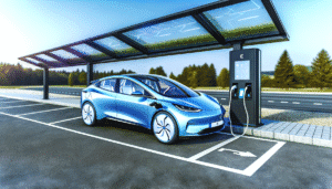 Moderne elektrisk bil lader op ved solcelledrevet ladestation i naturskønne omgivelser