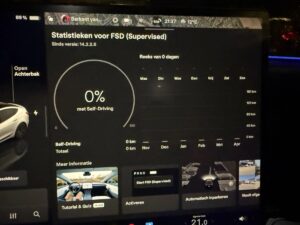Tesla infotainment skærm viser statistikker for FSD med 0% selvkørsel aktiveret.