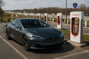 Tesla bil ved en supercharger station ved motorvejen