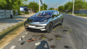Elektrisk bil parkeret på en rolig vej med efterårsblade og gadgets spredt omkring.