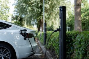 Tesla oplader ved ladestation omgivet af grønne træer