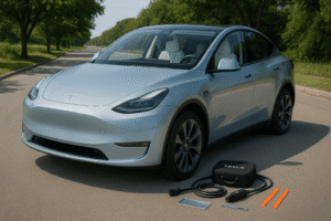 Tesla Model Y parkeret med opladningstilbehør