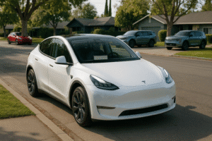 Tesla Model Y parkeret i en forstadsgade