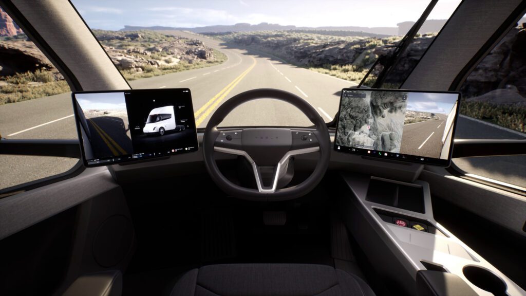 Tesla Semi's interiør med udsigt over landevej