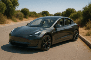 Tesla Model 3 parkeret på landevej