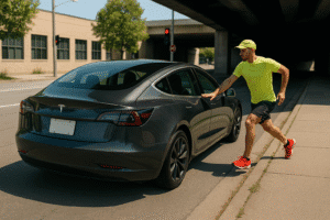 Mand i løb nær parkeret Tesla Model 3 under bro