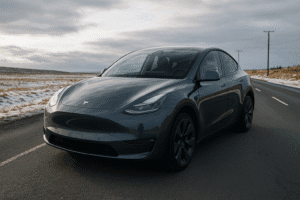 Tesla Model Y parkeret på en landevej