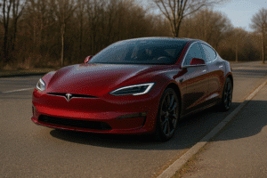 Tesla Model S parkeret på en landevej