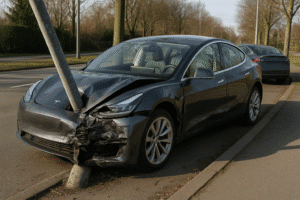 Tesla Model 3 kollideret med lygtepæl på vej