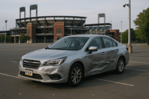 Subaru sedan med skader på siden, parkeret ved stadion