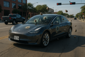 Tesla Model 3 under stenkast på gade