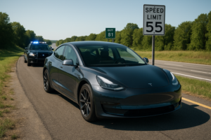 Tesla Model 3 stoppet af politibil på landevej