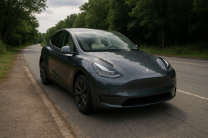 Tesla Model Y parkeret på en landevej