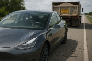 Tesla Model 3 med skadet forrude bag lastbil