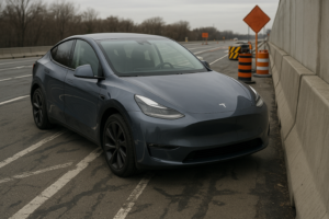 Tesla Model Y parkeret ved vejarbejde