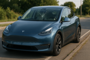 Tesla Model Y med knust forrude parkeret på vejkant