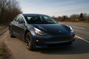 Tesla Model 3 parkeret på en landevej