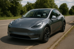 Tesla Model Y parkeret ved en landevej