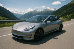 Tesla Model 3 parkeret på bjergvej