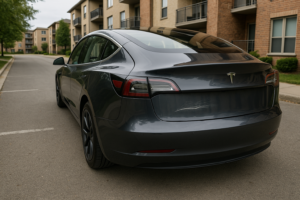 Tesla Model 3 parkeret på villavej