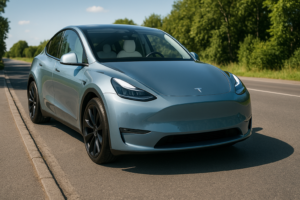 Tesla Model Y parkeret på landevej
