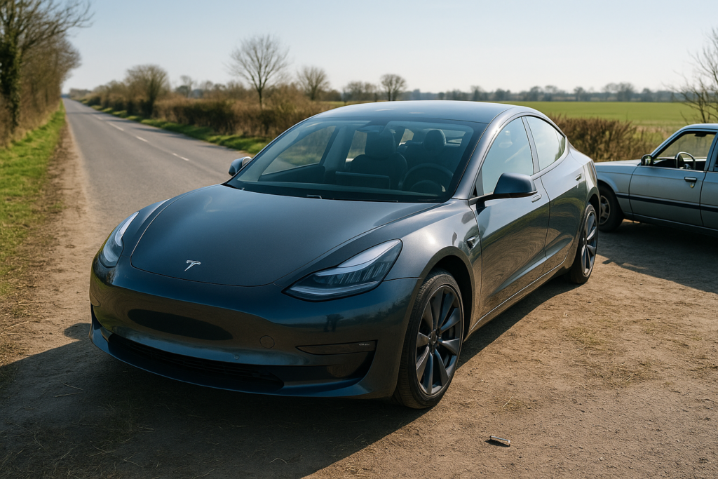 Tesla Model 3 parkeret ved landevej
