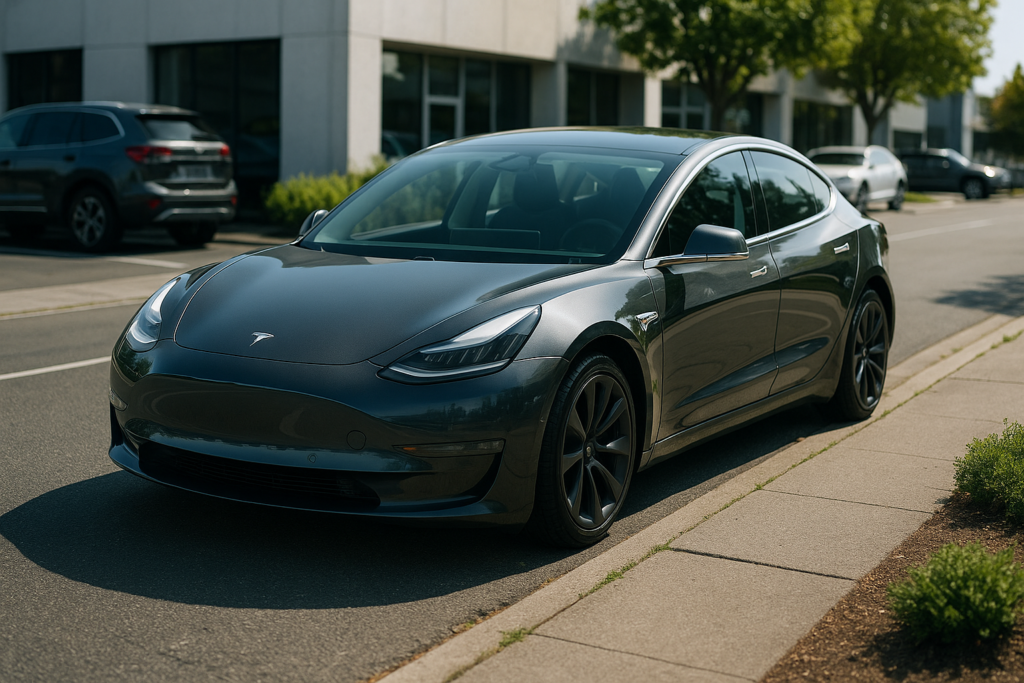 Tesla Model 3 parkeret på en vej