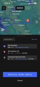 Tesla navigationsinterface med ruteplanning