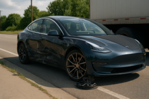 Tesla Model 3 med skader på vejkant