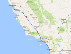 Kort over Californien med rute fra San Diego til San Francisco