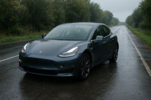 Tesla Model 3 parkeret på en våd landevej