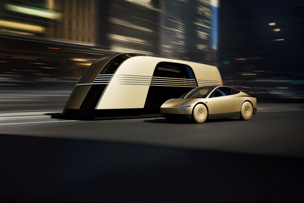 Futuristisk elektrisk køretøj og trailer i bymiljø