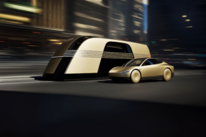 Futuristisk elektrisk køretøj og trailer i bymiljø