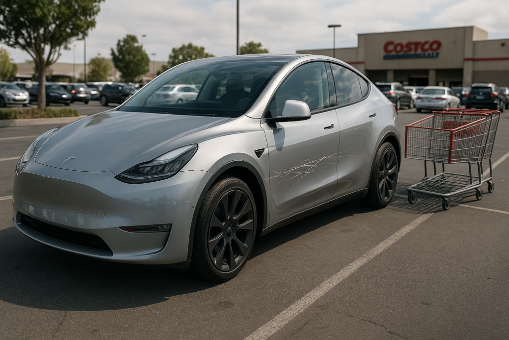 Tesla Model Y parkeret ved Costco med indkøbsvogn