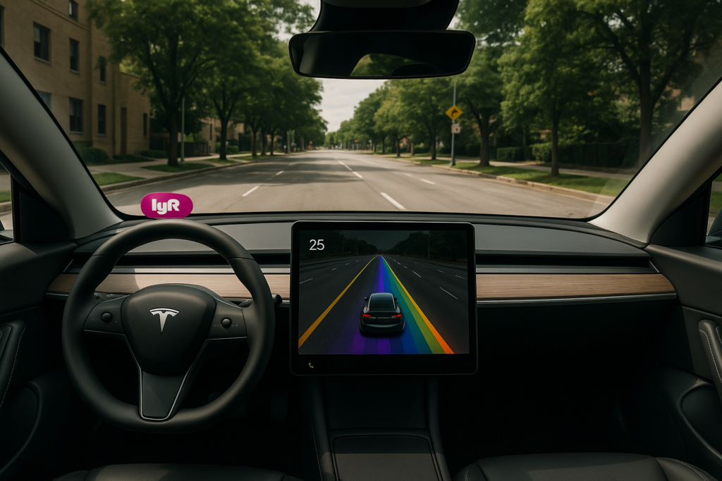 Tesla interiør med autopilot på byvej